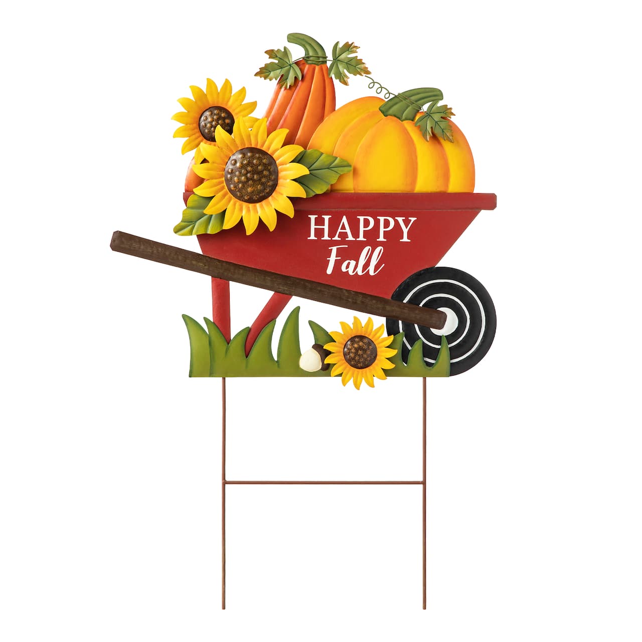 Glitzhome® 2.5ft. Fall Metal Wheel Barrow Pumpkin Yard Stake